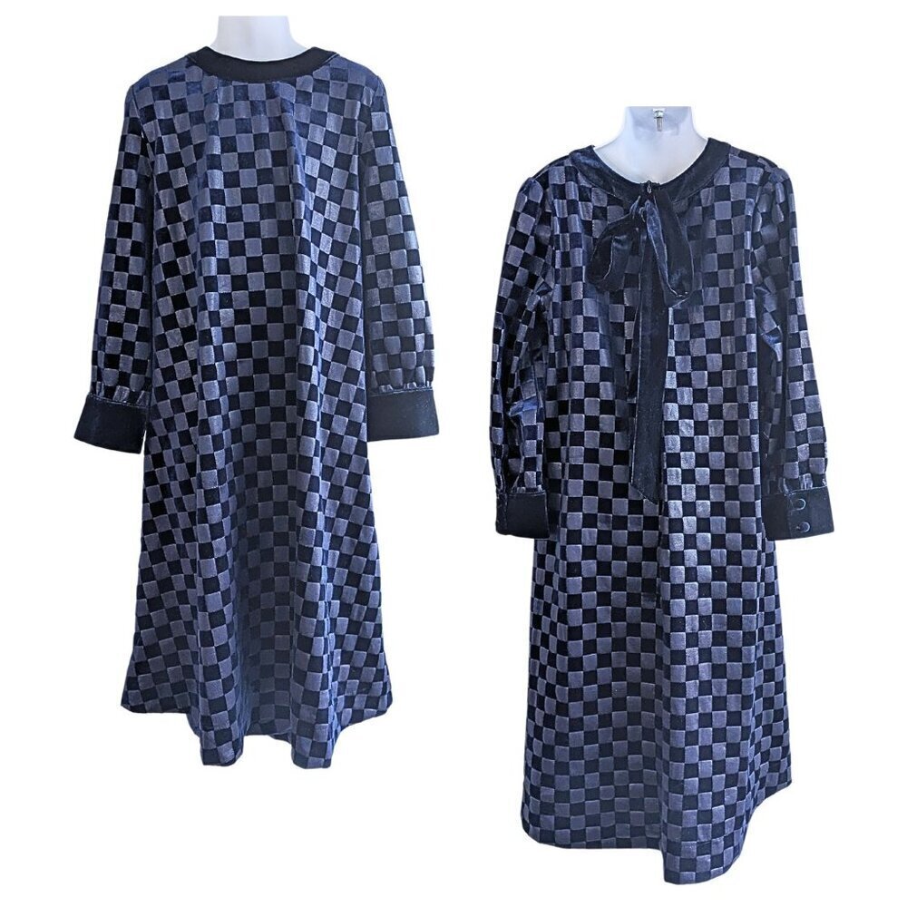 Vtg 70s BOBO TANNER NC Royal Blue Checkerboard Velour Mini Dress Girls Size 10